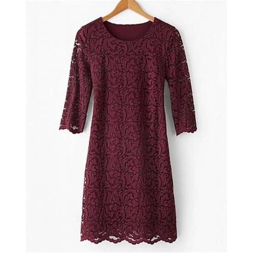 Garnet Hill Burgundy Lace Overlay 3/4 Length Sleeve Dress